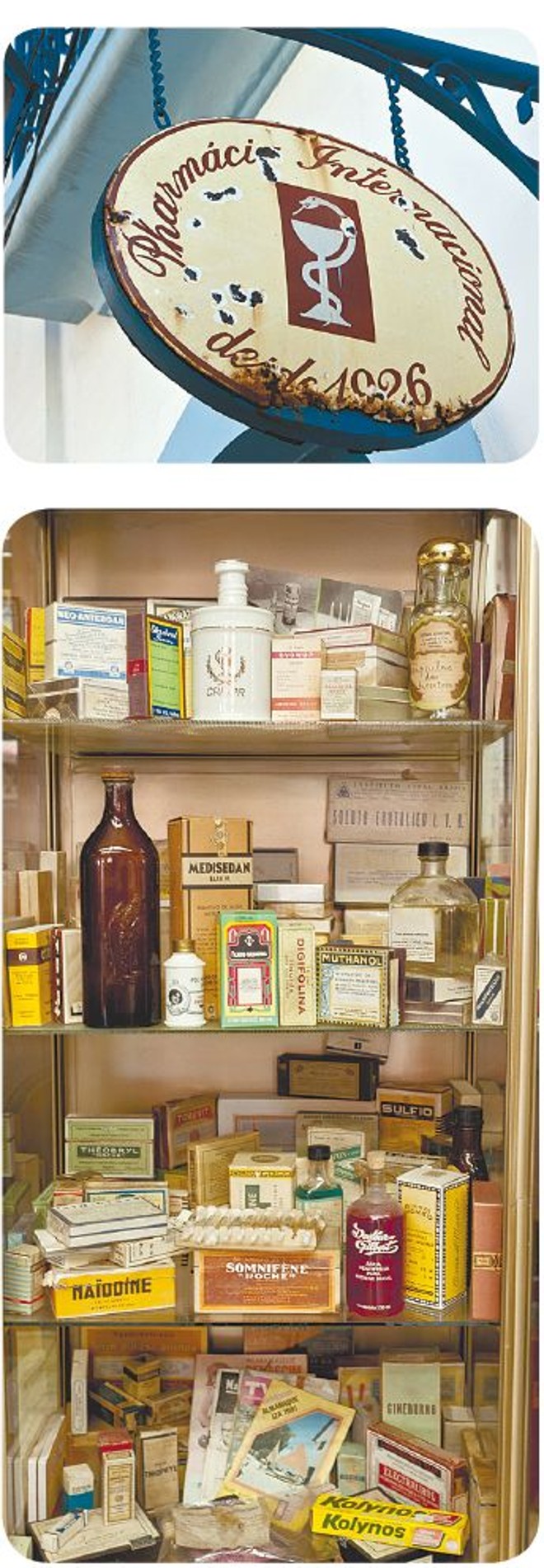 Produtos antigos fazem parte da decoração da Farmácia Internacional, em Antonina | 