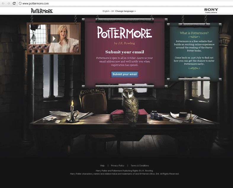 Página inicial do Pottermore: usuários já podem se cadastrar | Reprodução