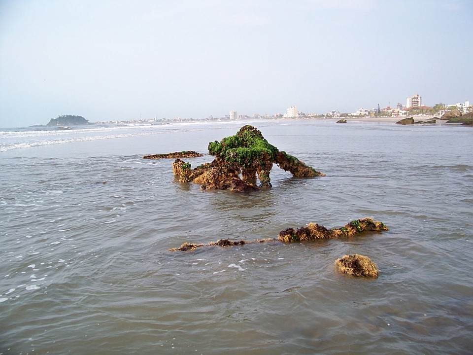 Histórias guardadas sob as águas Na Praia de Caieiras, durante a maré baixa, é possível ver parte do Vapor São Paulo, encalhado e tombado na Baía de Guaratuba, em 1868 | Foto: Arquivo pessoal/Mario José Natalino