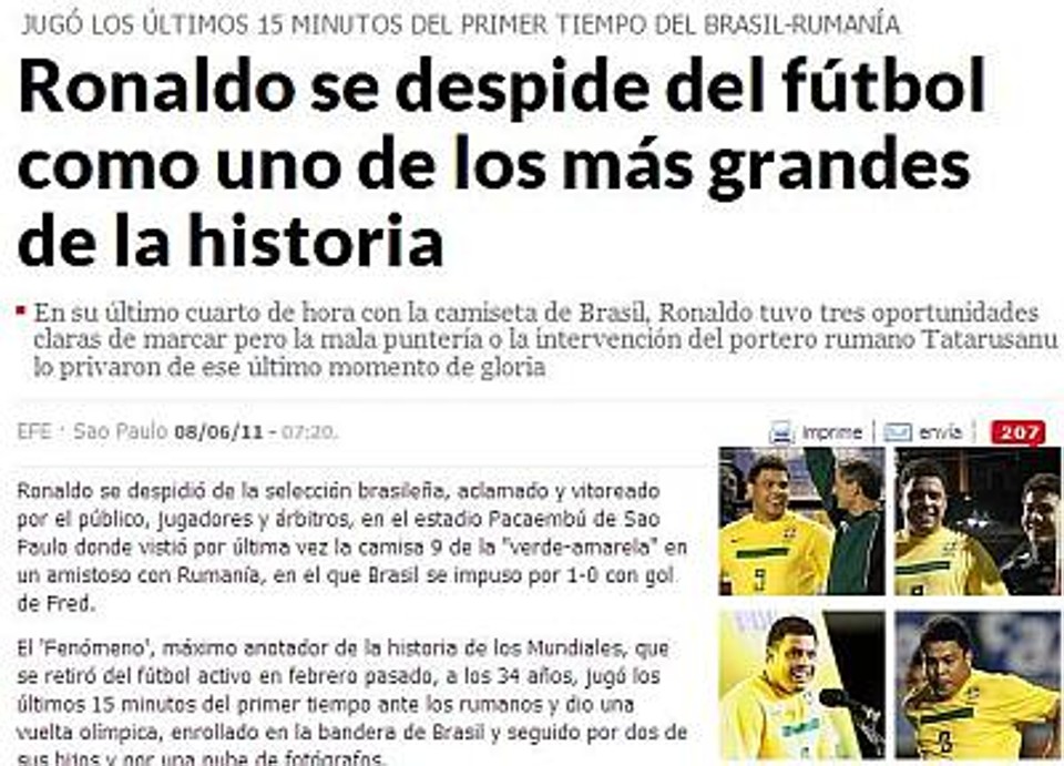 Imprensa mundial destaca a despedida de Ronaldo | Reprodução / Marca