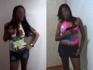 Duas mulheres de 21 anos aparecem segurando armas em fotos de celular de amiga morta em quartel da FAB neste domingo (7). Imagem foi alterada pelo G1 para preservar a identidade delas | Foto: Divulgação/Polícia Civil
