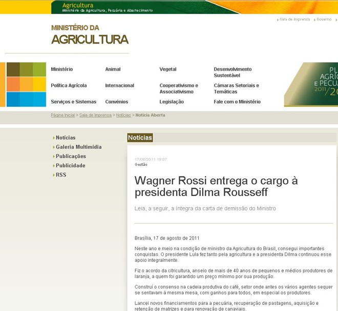 Carta de demissão de Wagner Rossi foi publicada no site do Ministério da Agricultura |