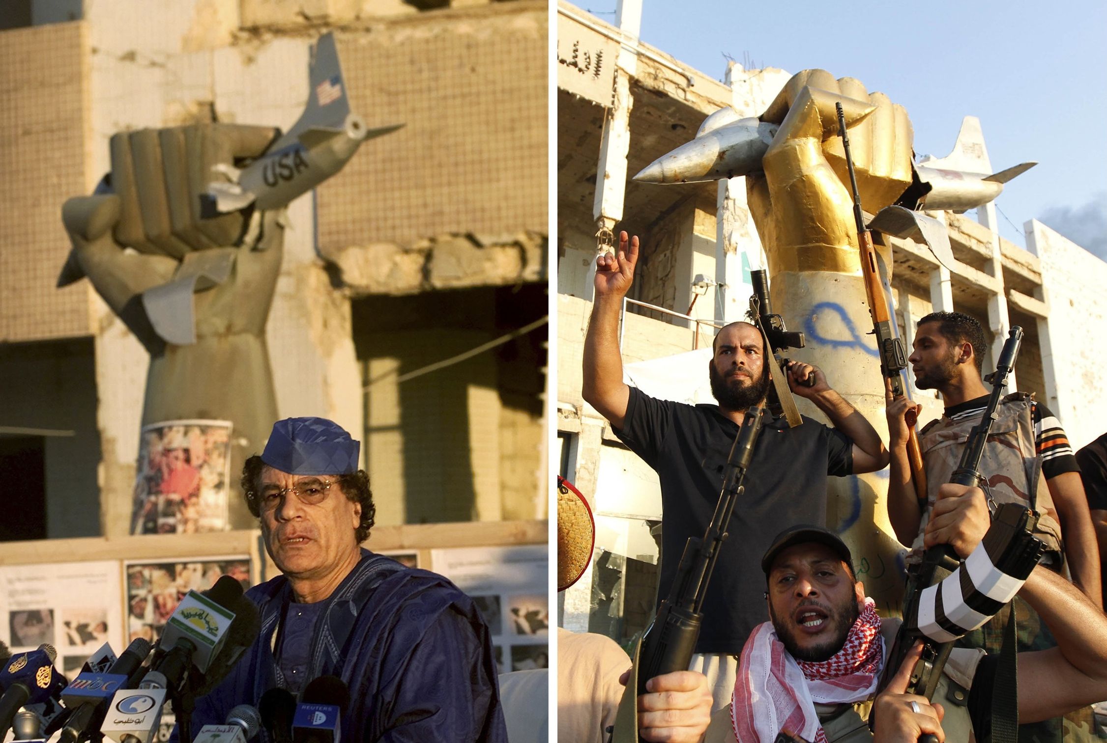 Imagem mostra Kadafi falando a repórteres em sua residência em Trípoli em 5 de fevereiro de 2001. No mesmo local, rebeldes celebram a conquista do complexo | REUTERS/Staff