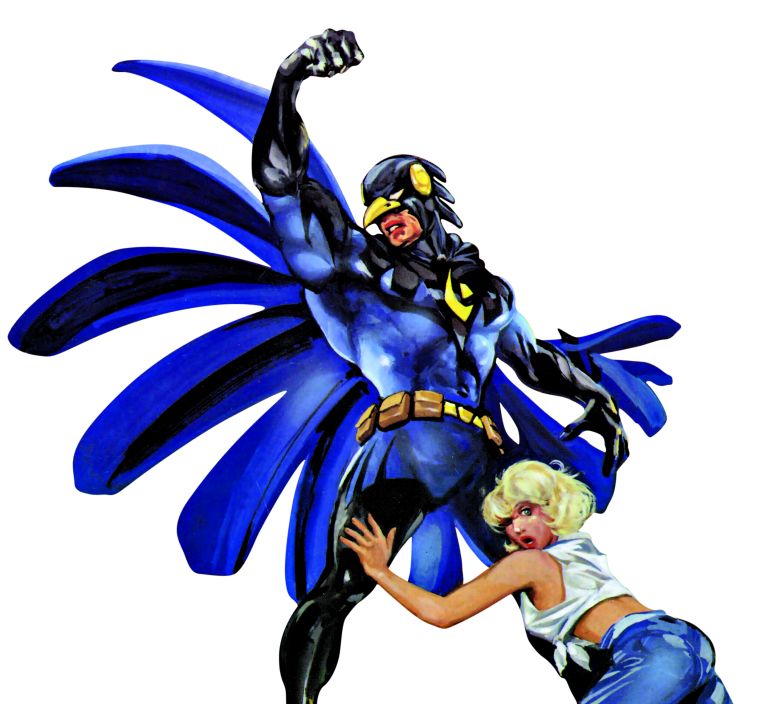 Versão do super-herói Gralha desenhada por Nilson Müller para a capa da revista Metal Pesado comemorativa aos 15 anos da Gibiteca de Curitiba, em 1997 |