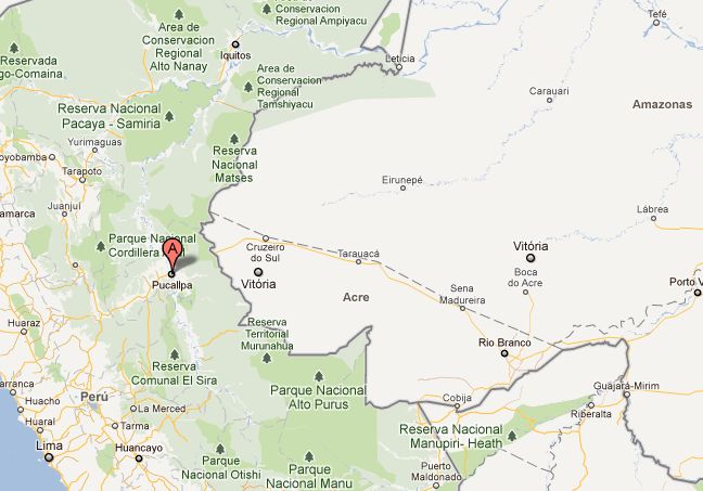 Confira onde fica a cidade peruana de Pucallpa | Reprodução Google Maps