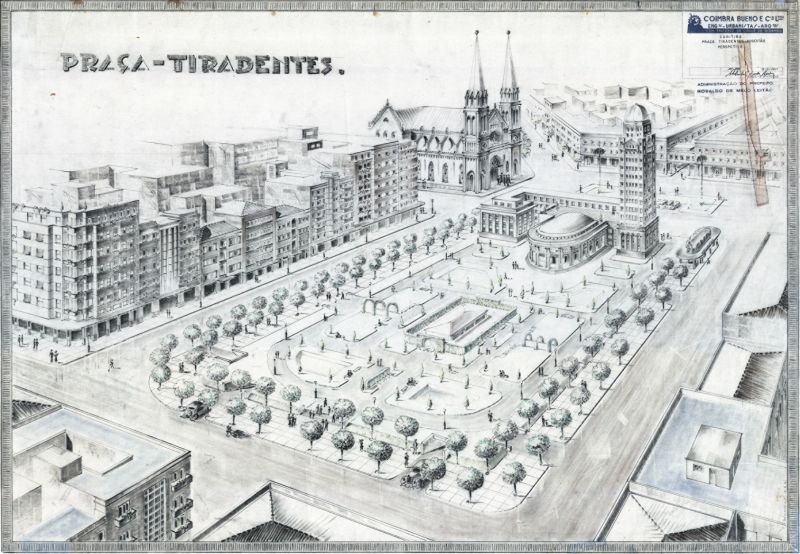 Ao alto, desenho da Praça Tiradentes previsto pela equipe do professor Agache. A proposta era fazer do Marco Zero a grande Praça Cívica algo como uma extensão do Centro Cívico, ainda um projeto. Praça também abrigaria a sede da prefeitura municipal e entradas subterrâneas para carros |