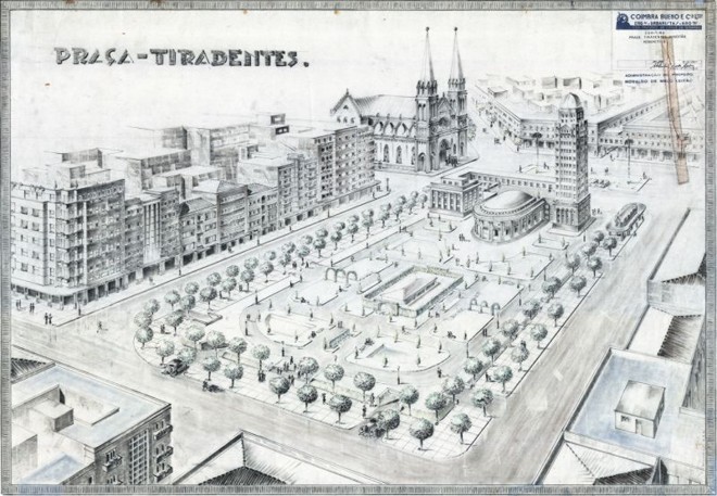 Ao alto, desenho da Praça Tiradentes previsto pela equipe do professor Agache. A proposta era fazer do Marco Zero a grande Praça Cívica algo como uma extensão do Centro Cívico, ainda um projeto. Praça também abrigaria a sede da prefeitura municipal e entradas subterrâneas para carros |