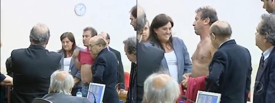 Em meio a discussão no plenário, John Alves (PMDB) tirou a camiseta e provocou o fim da sessão | Reprodução RPC TV Maringá