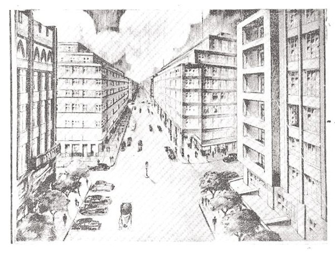 Prédios da XV com galerias. Essas duas pranchas saíram do papel. Repare na perspectiva e na altura mediana prevista para os prédios |