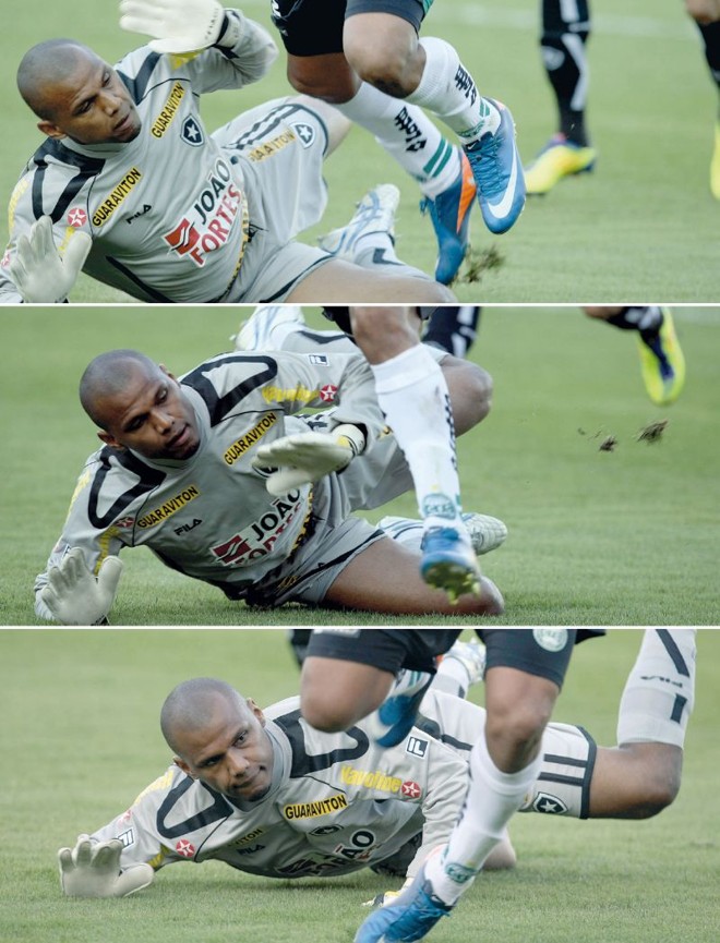 A simulação em três atos: Bill chega perto do goleiro Jefferson, força o encontro e salta as pernas para enganar a arbitragem, que foi na onda do atacante e marcou pênalti | 