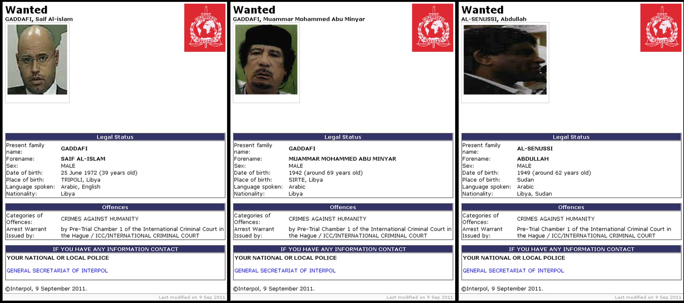 Site da Interpol mostra as imagens dos procurados Muamar Kadafi, o seu filho Saif al-Islam e o chefe de inteligência Abdullah al-Senussi | REUTERS/Interpol/Handout
