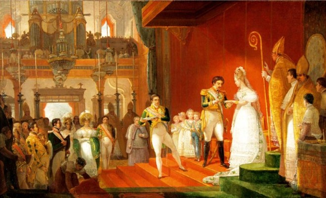 O quadro de Debret que mostra o casamento de Dom Pedro I com D. Amélia é uma das obras imperdíveis da exposição |