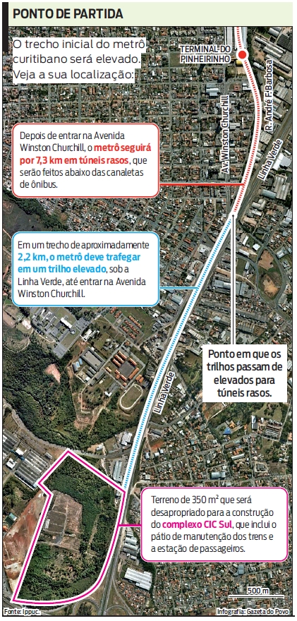 O trecho inicial do metrô curitibano será elevado. Veja a sua localização |