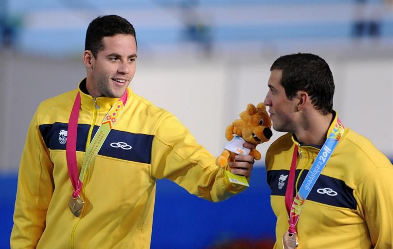 Thiago Pereira e Guilherme Guido no pódio dos 100 m costas | EFE