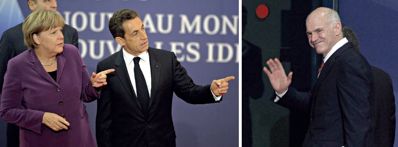 Angela Merkel, Nicolas Sarkozy e o premiê grego, Georges Papandreou, na chegada para a reunião pré-cúpula do G20: líderes impuseram condições para aceitar o referendo grego | Lionel Bonaventure/AFP e Thomas Coex/AFP