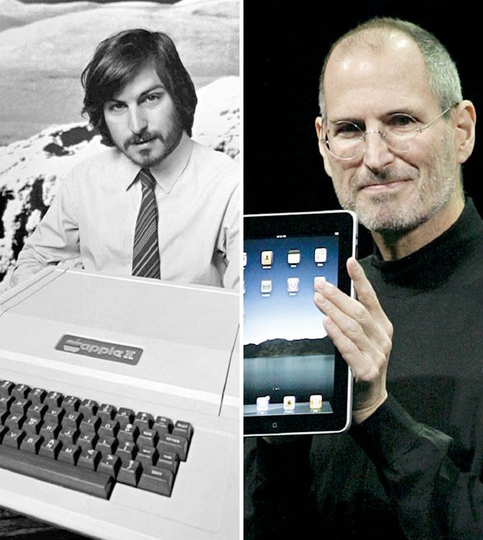 O jovem Steve Jobs mostra um dos primeiros Apple, no fim da décadad e 1970; já lutando contra o câncer, em janeiro de 2010, foi a vez de exibir o iPad: nos dois casos, foi ele quem criou os conceitos por trás dos produtos | Divulgação