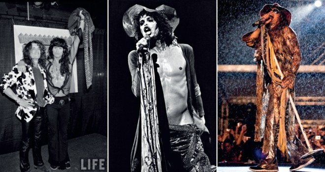 Steven Tyler em três momentos: com seu gêmeo tóxico Joe Perry na revista Life; esbanjando sensualidade no palco, no auge da forma; e no show mais recente no Brasil, no fim de outubro, na Arenha Anhembi, em São Paulo | Arquivo Time-Life; divulgação e Adriano Vizoni/ Folhapress