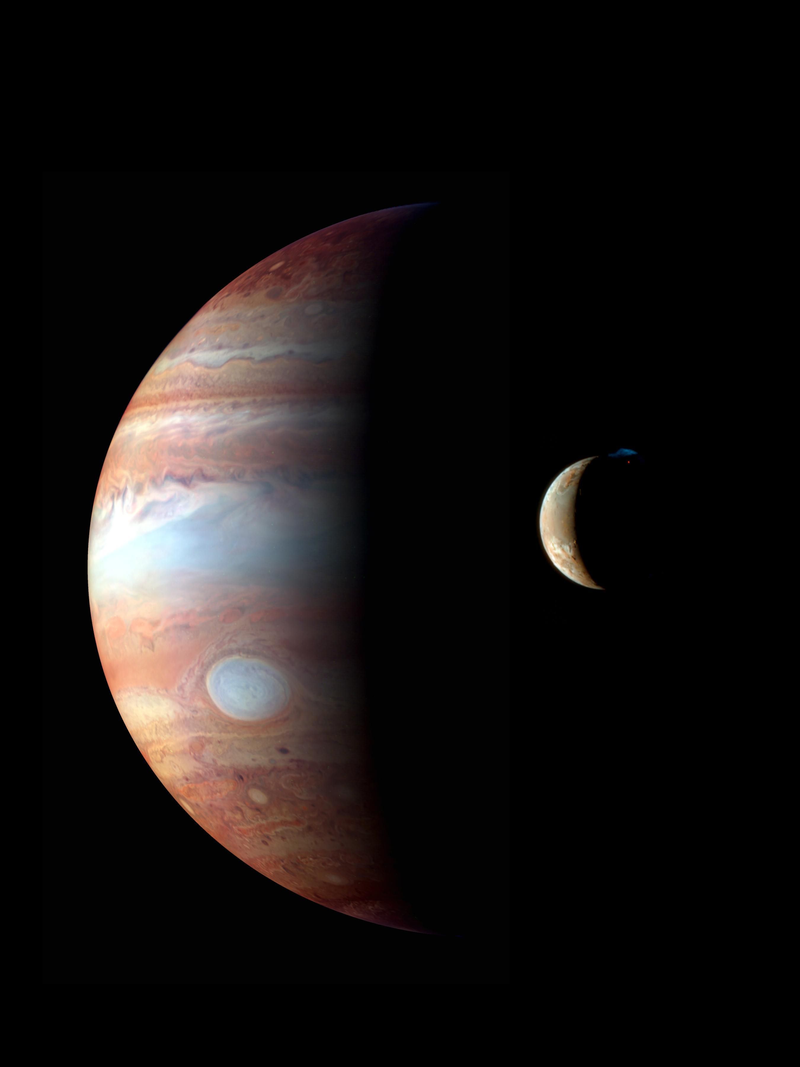 Montagem feita pela Nasa mostra o planeta Júpiter e a sua lua, Europa | AFP PHOTO/NASA/Johns Hopkins University Applied Physics Laboratory/Southwest Research Institute/Godd