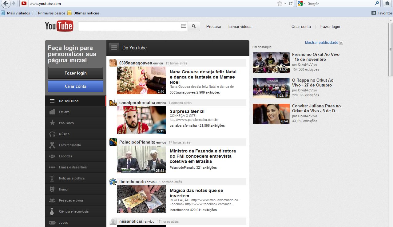 A nova aparência da página principal agora tem um menu personalizado com os canais assinados pelo usuário, janelas que mostram os vídeos mais populares e também opções para compartilhar materiais nas redes sociais | Reprodução