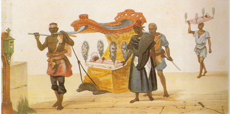 A gravura de Jean Baptiste Debret detalha o cortejo funerário de uma criança escrava no começo do século 19. Celebração ocorria até em classes sociais menos favorecidas | Reprodução