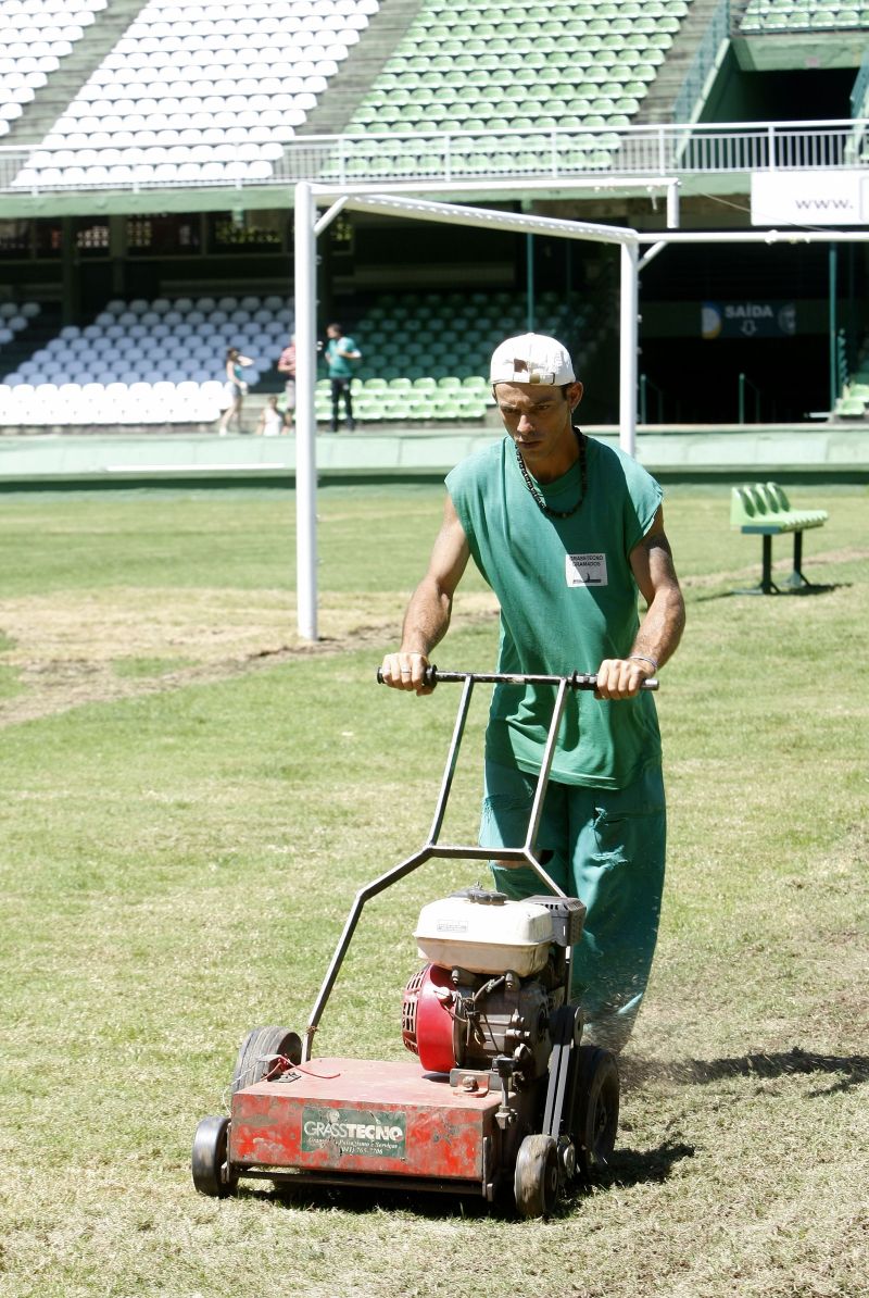 Funcionário do Coritiba acerta os últimos detalhes do gramado do Couto | Hugo Harada/ Gazeta do Povo