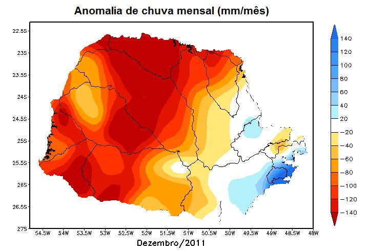 As áreas em vermelho escuro mostra as regiões do Paraná que tiveram déficit de 140 mm de chuva, ou seja, choveu bem abaixo da média para o mês de dezembro | Instituto Tecnológico Simepar / Divulgação