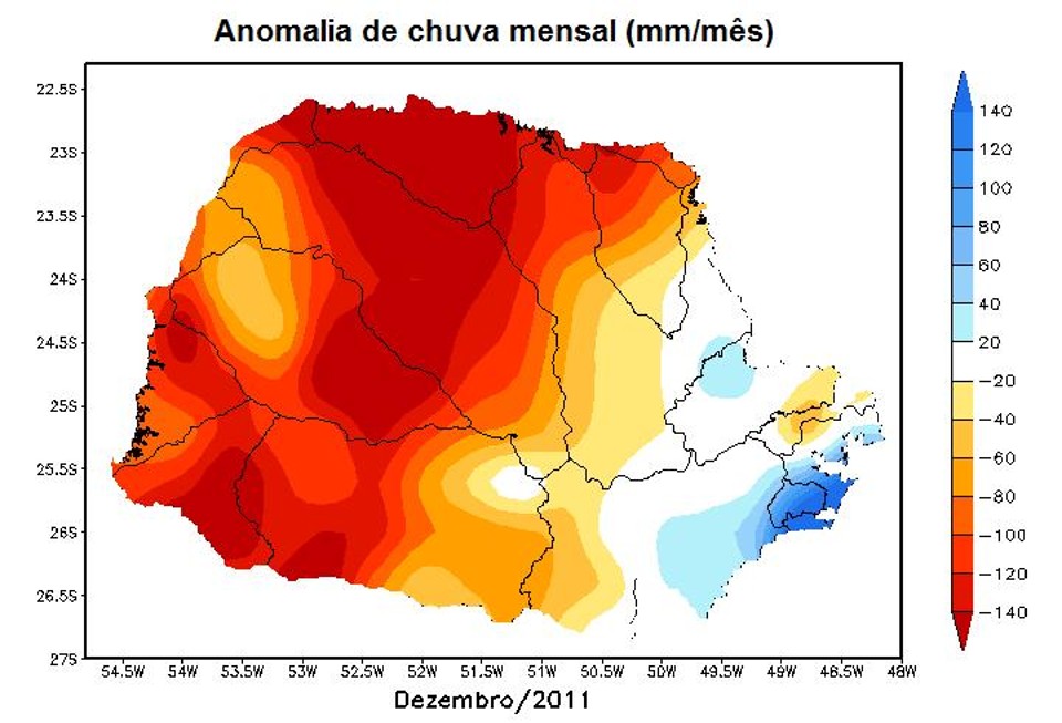 As áreas em vermelho escuro mostra as regiões do Paraná que tiveram déficit de 140 mm de chuva, ou seja, choveu bem abaixo da média para o mês de dezembro | Instituto Tecnológico Simepar / Divulgação
