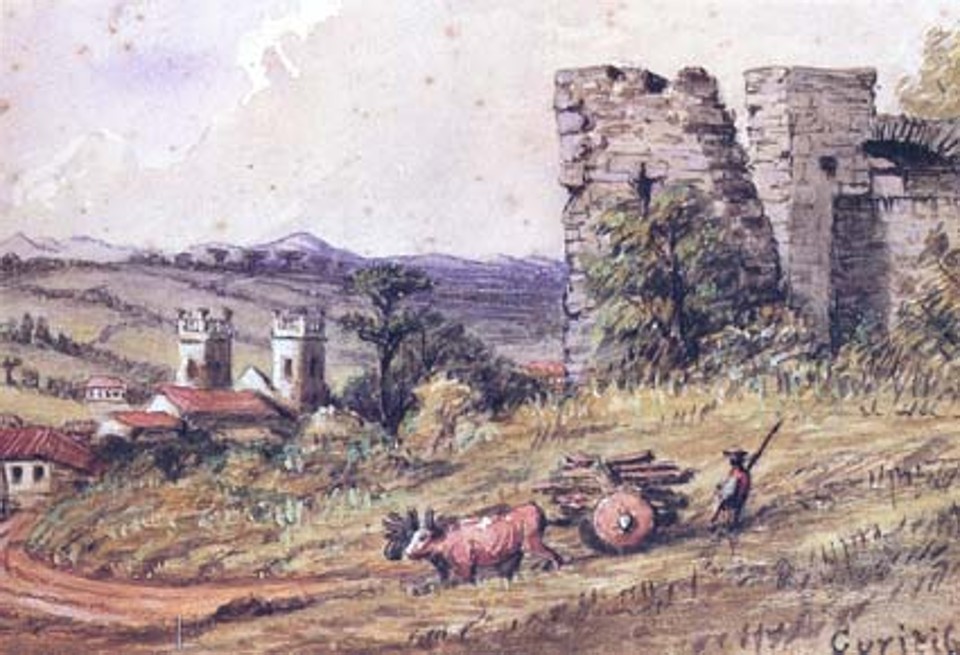 Aquarela de William  Lloyd de 1872, em primeiro plano estão as Ruínas de São Francisco e, ao fundo, as torres da antiga matriz | 