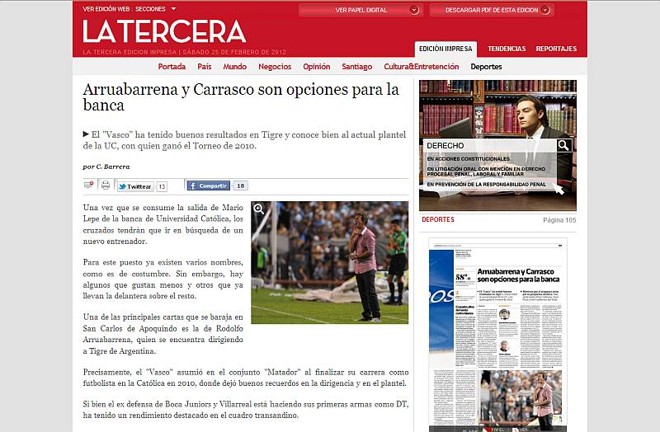 Reportagem na versão online do Diário La Tercera coloca Carrasco entre os favoritos a assumir a Universidad Católica |