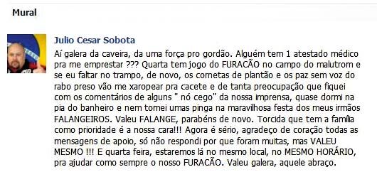 Fac-símile da página de Sobota no Facebook: vereador pede atestado médico para poder faltar à sessão de hoje da Câmara para assistir a jogo do Atlético |