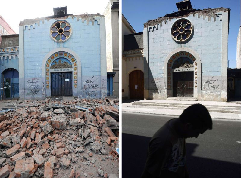 Igreja em Santiago, no Chile, destruída pelo terremoto de 2010 (à esquerda) e a mesma construção dois anos depois | Martin Bernetti/Hector Retamal/AFP