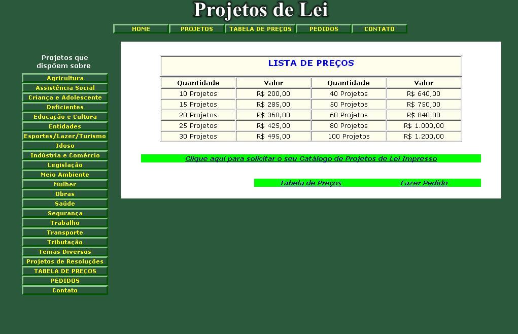 Valores dos pacotes para negociações vão de R$ 200, para compra de 10 projetos, a R$ 1,2 mil, para 100 | Reprodução/Site