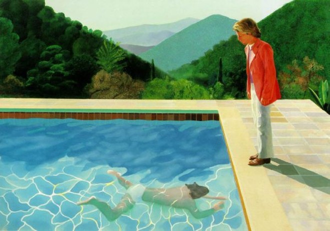 Hockney faz questão de dizer que suas obras, como a tela Pool with Two Figures, são feitas por ele próprio, sem assistentes | 