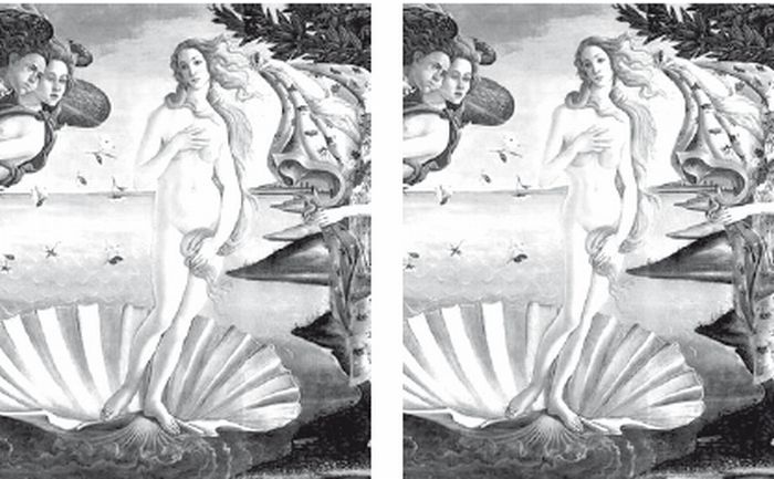 A Vênus de Botticelli original (esq.) e a imagem alterada no Photoshop pela artista italiana Anna Giordano, adaptada ao padrão atual de beleza |