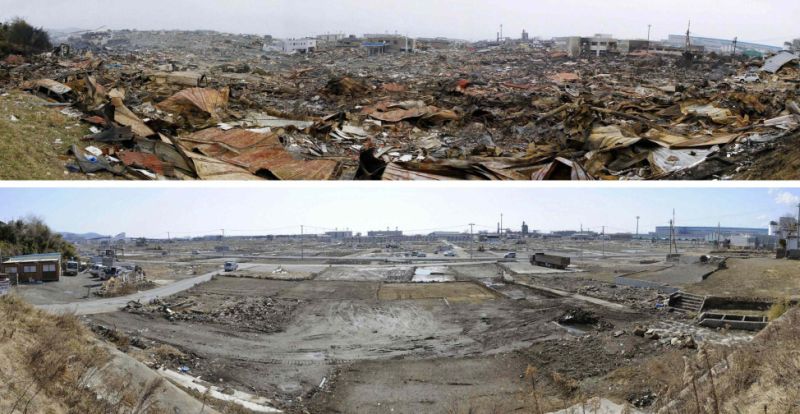 Kesennuma é uma paisagem de destruição na imagem do alto, feita em 15 de março de 2011. Acima, na última quarta-feira, ela aparece livre dos escombros, mas o descampado é ainda uma lembrança da tragédia | Kyodo/Reuters