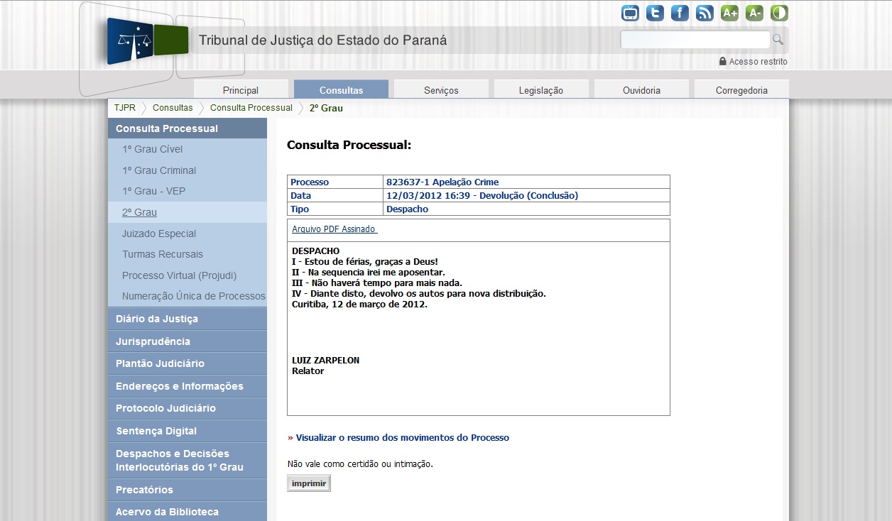 Despacho enviado pelo desembargador Luiz Zarpelon | Reprodução