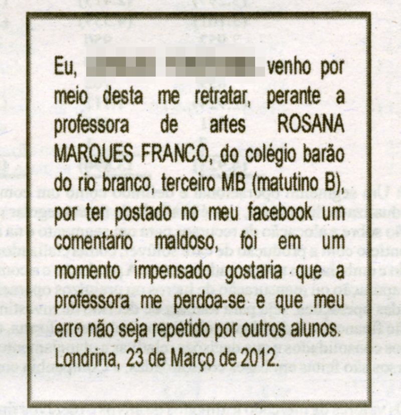 Segundo a nota, ofensa ocorreu em um "momento impensado" | Reprodução