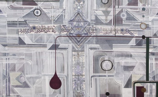 O trabalho de Kboco dialoga com a arte urbana e a arquitetura, com linhas retas e camadas sobrepostas |