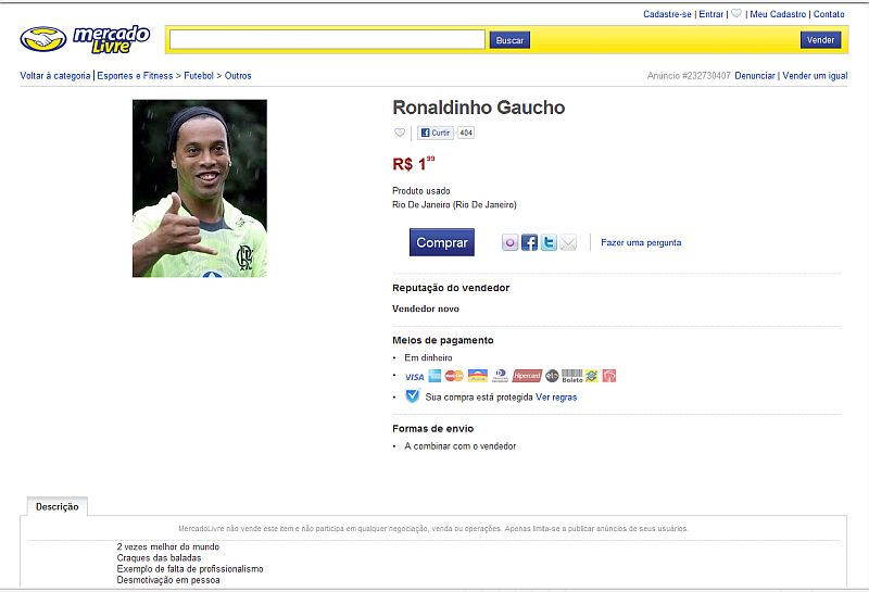 Ronaldinho Gaúcho foi posto à venda por R$ 1,99 | Reprodução