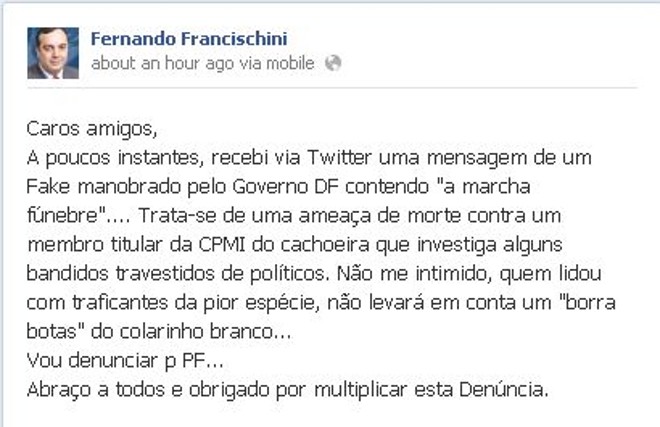 Deputado Francischini desabafa no Facebook após afirmar receber ameaça de morte no twitter |