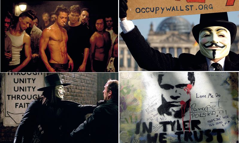 Cena do filme Clube da Luta: niilismo destrutivo no final do século 20; Máscara de Guy Fawkes ganhou as ruas graças à popularidade de V de Vingança; O anarquista V em V de Vingança: consciência e preocupação com direitos humanos e Tyler Durden, vivido no cinema por Brad Pitt: revolta contra a sociedade de consumo | Fotos: Divulgação, Pawel Kopczynski/Reuters, Divulgação e Reprodução