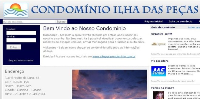 Site do condomínio Ilha das Peças: boa adesão dos moradores |