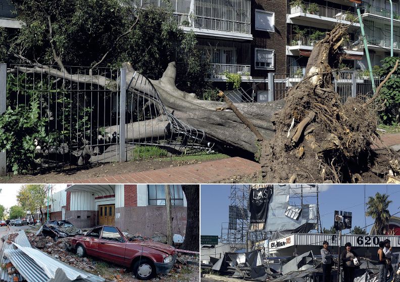 Fortes ventos e chuva que atingiram a região leste da Argentina derrubaram árvores e construções e provocaram a destruição de dezenas de veículos em Buenos Aires | Fotos: Juan Mabromata/AFP; Cézaro De Luca/EFE e Enrique Marcarian/Reuters