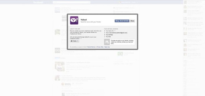 Aplicativo do Yahoo no Facebook, pedindo para ser instalado |