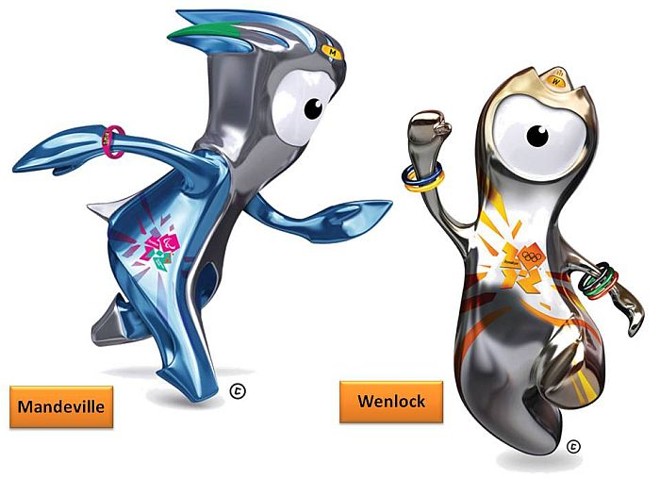 Mendeville e Wenlock, duas gotas de aço com câmeras, serão os mascotes de Londres 2012. Wenlock é referência ao vilarejo de Much Wenlock, onde em 1850 foi realizada uma disputa que inspirou a criação dos Jogos modernos. Já Mandeville é em referência à vila de Stoke Mandeville, que em 1908 recebeu a primeira competição paralímpica | 