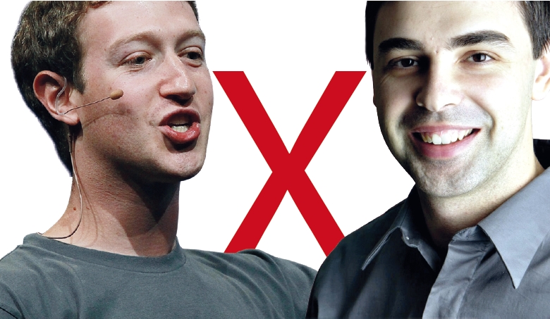 Mark Zuckerberg, do Facebook (a esquerda), e Larry Page, do Google: dependendo fortemente da publicidade, empresas brigam para oferecer a plataforma de anúncios mais eficaz | Fotos: Justin Saullivan/AFP e Divulgação