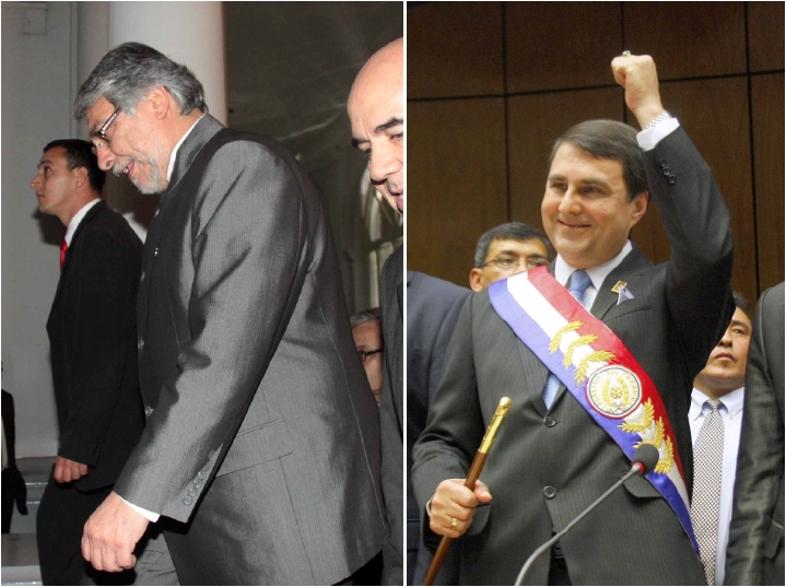 Fernando Lugo deixa o palácio do governo após ser destituído do cargo; Liberal Federico Franco, vice de Lugo, comemora ao assumir a Presidência | Fotos: Jorge Romero/AFP e Mario Valdez/Reuters