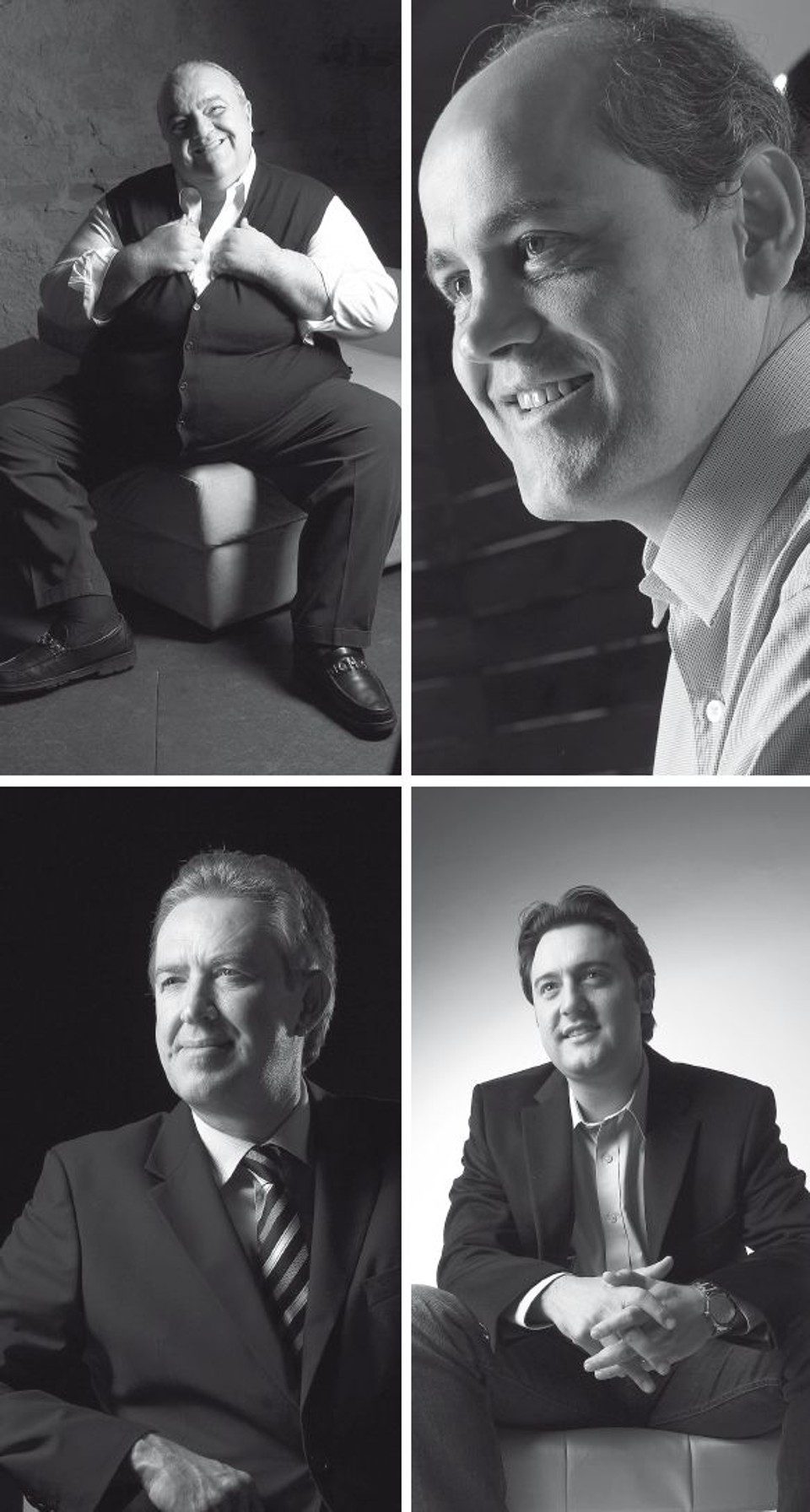 Pelo menos em uma coisa Rafael Greca, Gustavo Fruet, Ratinho Júnior e Luciano Ducci (em sentido horário), todos candidatos a prefeito de Curitiba, concordam. Os quatro elegeram o badalado fotógrafo curitibano Manoel Guimarães para produzir as fotos de campanha. Na semana passada, em dias diferentes, acompanhados dos respectivos vices, eles posaram para as lentes de Guimarães em seu estúdio, no Bigorrilho. As fotos que a coluna publica são diferentes das que serão usadas nos materiais da campanha | Fotos: Manoel Guimarães