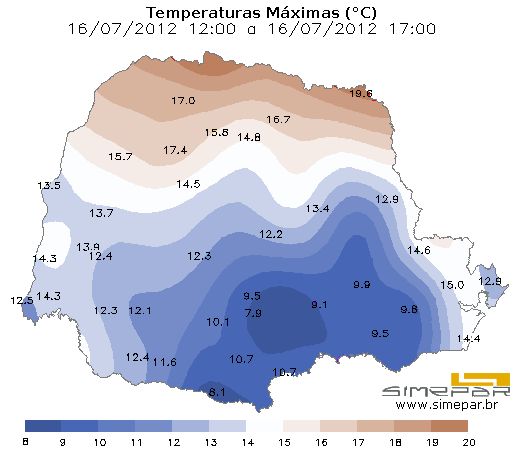 Mapa do Simepar mostra as temperaturas máximas registradas no estado na tarde desta segunda-feira (16) | Simepar