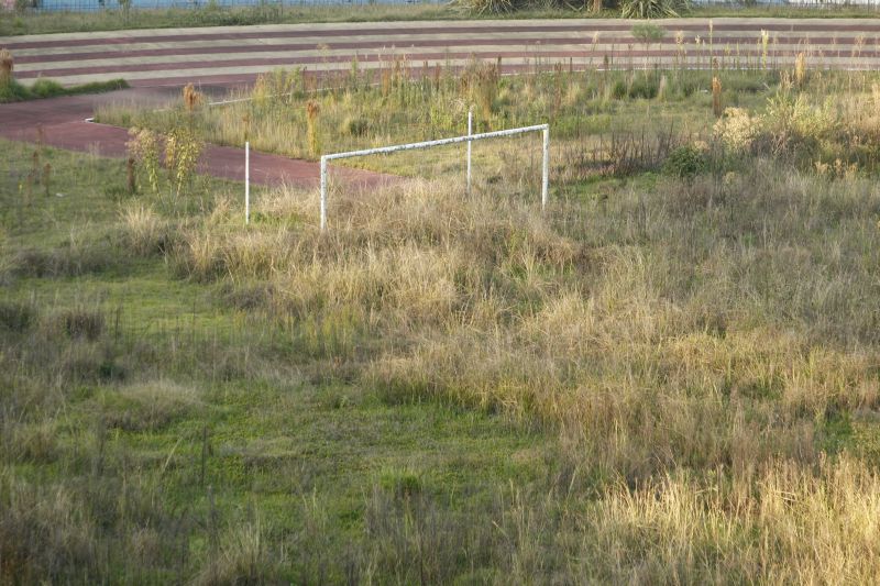 Fechado pela Justiça desde o dia 30/5/2007, o Pinheirão é hoje um terreno baldio. Gramado, trave e resquícios da praça esportiva revelam a inutilidade do imóvel | Antonio More/ Gazeta do Povo